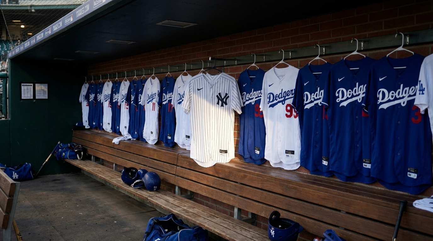 Baseball dugout with jerseys hanging